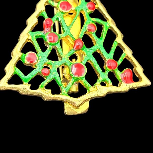 Vintage Gold-Tone Enamel Open-work Christmas Tree Brooch Red & Green Accents - Picture 4 of 5